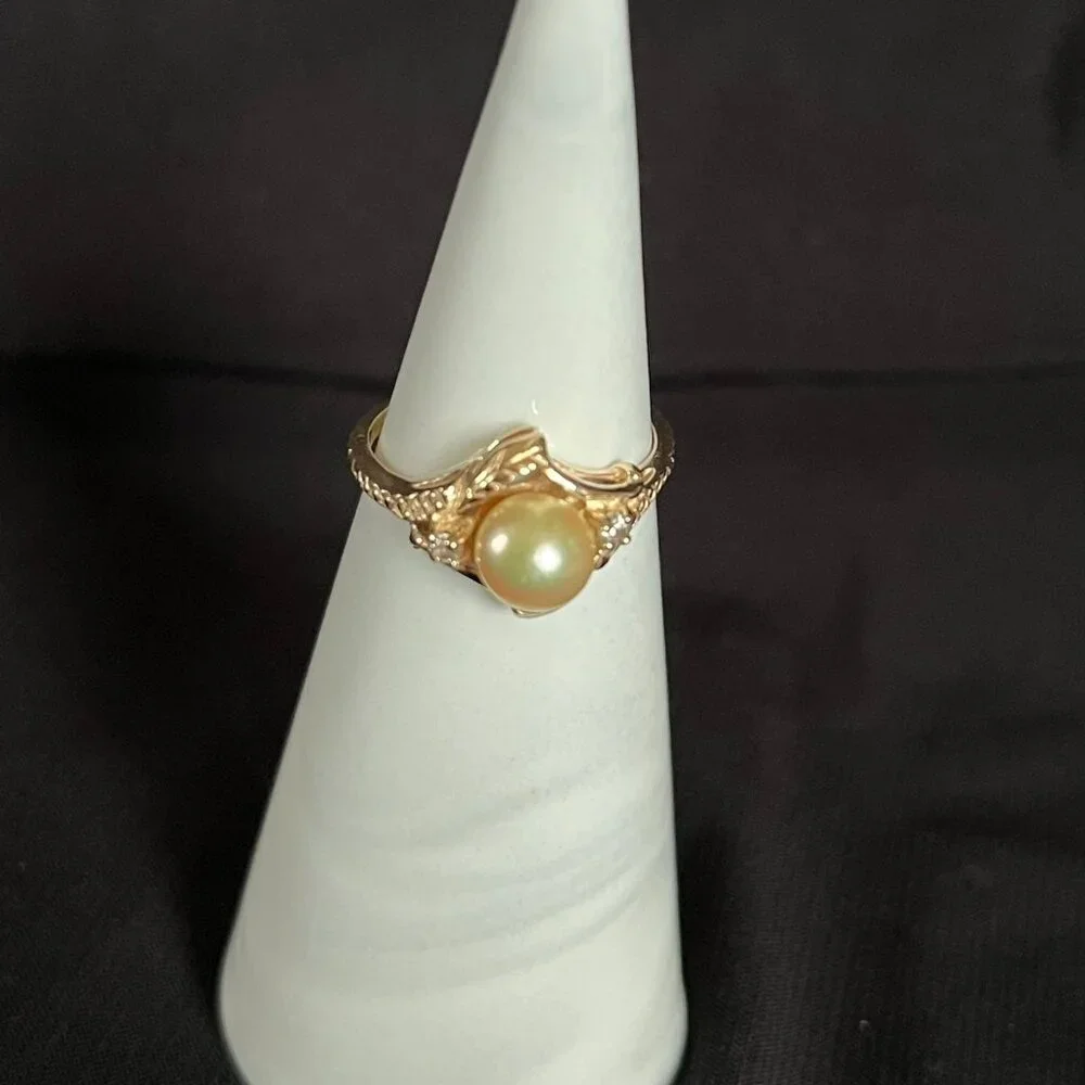 Vintage 1940's Japanese Akoya Golden Pearl & Diamond 10K Gold Ring sz 5 - Picture 2 of 8